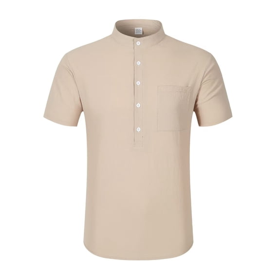 Qgtaibl Mens Henley Shirts Mock Neck Short Sleeve Dress T-Shirt Solid Color Work Pullover Summer Office Everyday Tee Tops Khaki,XL