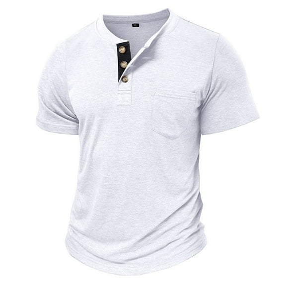 Qgtaibl Mens Henley Shirts Short Sleeve Summer Basic T-Shirts Solid Color Button Down Pullover Tee Dress Work Shirt with Pocket White,M