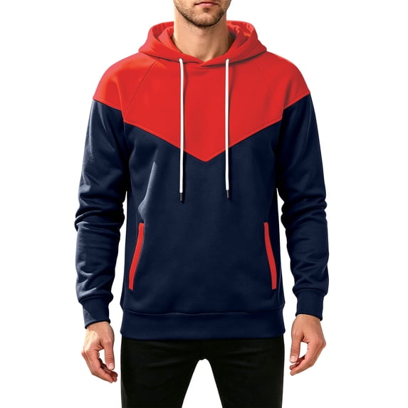 Qgtaibl Mens Hooded Pullover Casual Color Block Drawstring Hoodie with Pockets Soft Loose Fit Streetwear Long Sleeve Sweatshirt Red M