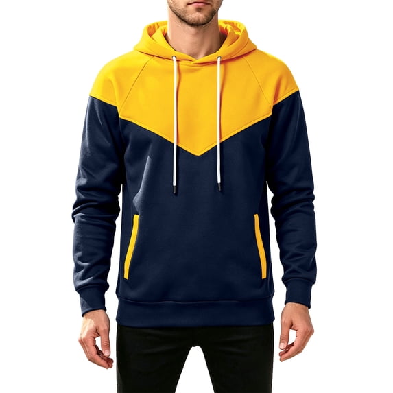 Qgtaibl Mens Hooded Pullover Casual Color Block Drawstring Hoodie with Pockets Soft Loose Fit Streetwear Long Sleeve Sweatshirt Yellow M