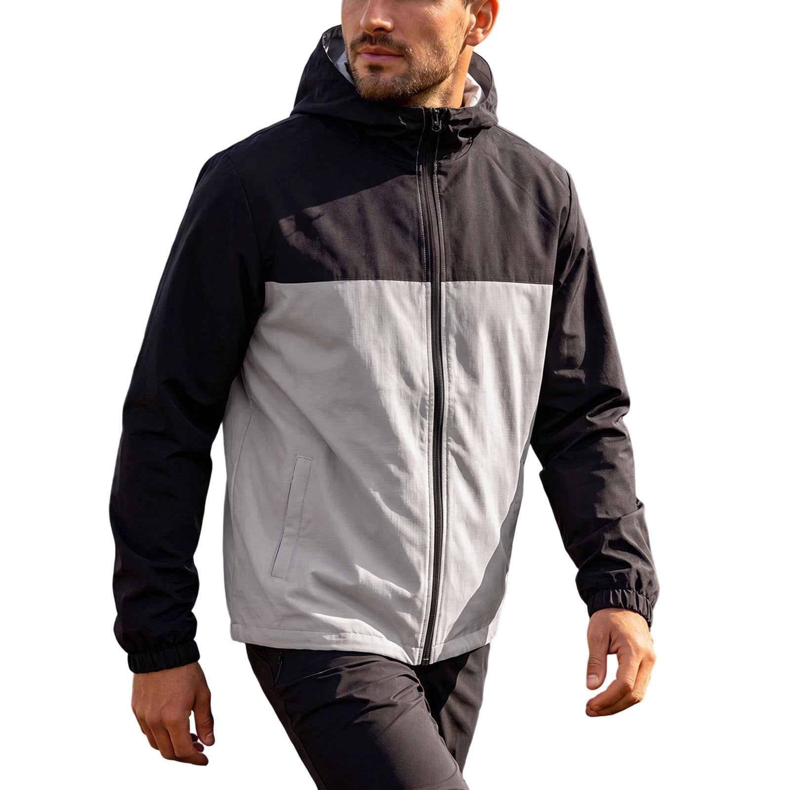 Qgtaibl Mens Hoodie Windbreaker Water Resistant Full Zip Color Block ...