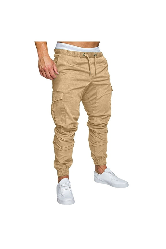 Mens Joggers Cargo Pant Drawstring Stretch Waist Tapered Pants Outdoor Running Hiking Track Pant with Pockets Khaki (Men's L)