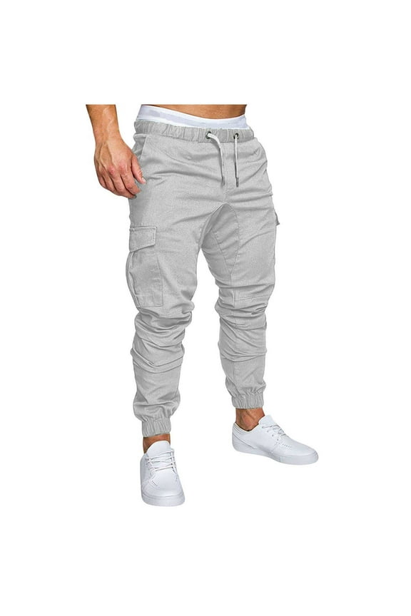 Mens Joggers Cargo Pant Drawstring Stretch Waist Tapered Pants Outdoor Running Hiking Track Pant with Pockets White (Men's S)