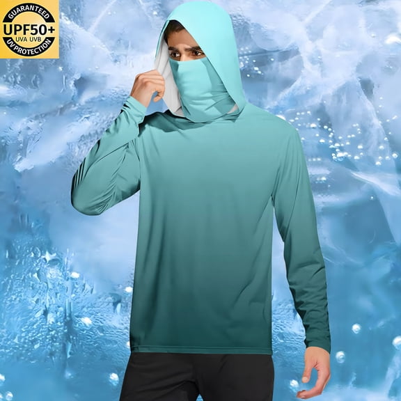 Qgtaibl Mens Long Sleeve Shirt with Built-in UV Face Protection Hawaiian L Sun Hoodie Lightweight UPF 50  Moisture Wicking T-Shirt for Summer Outdoor (Mint Green)