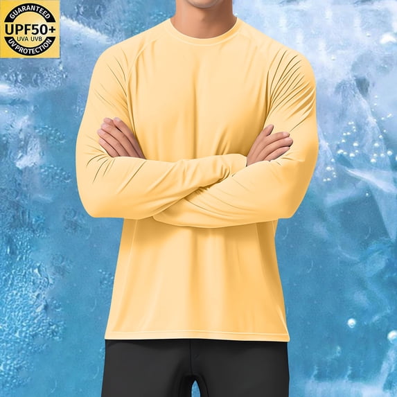 Qgtaibl Mens Long Sleeve Sun Shirts UPF 50+ UV Protection Athletic Shirt Quick Dry Outdoor Hiking Running Workout Tee 1X Rash Guard Tops (Yellow)