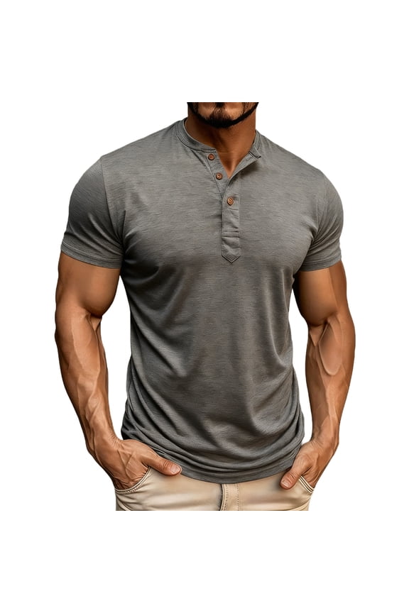 Mens Short Sleeve Henley Shirts Button Down Pullover T Shirt Slim Fit Muscle Workout Gym Tee Soft Lightweight Summer Tops Dark Gray,M