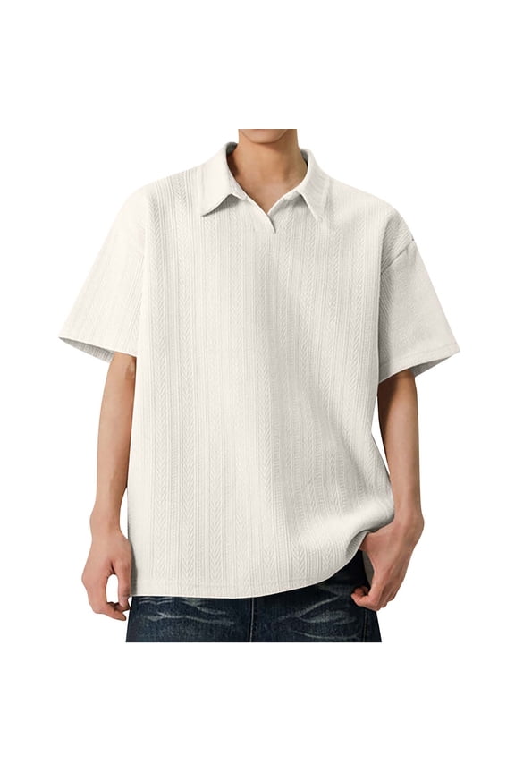 Mens Solid Color Tee Textured Jacquard Short Sleeve Casual Loose Fit Shirts Summer Basic T-Shirt for Everyday Beige,L