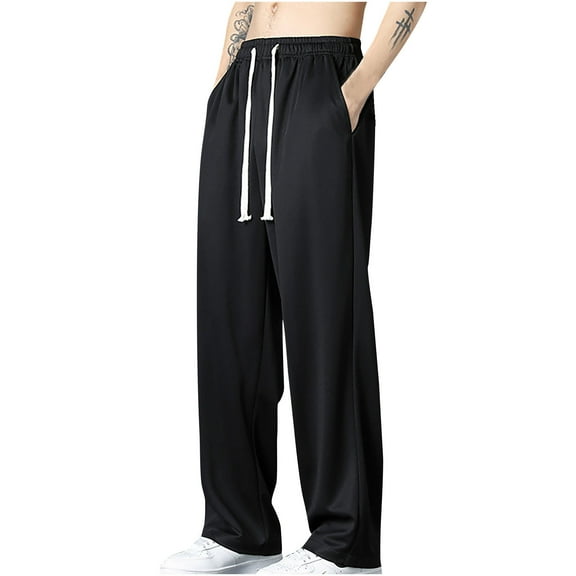 Qgtaibl Mens Straight Leg Sweatpants Drawstring Elastic Waist Jogging Pants with Pockets Lightweight Open Bottom Athletic Pant Black (Men's M)