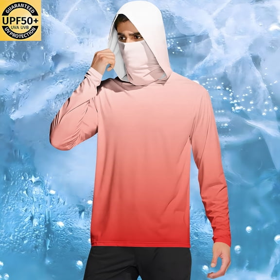 Qgtaibl Mens Sun Protection Hoodie 2X Shirt UPF 50  Rash Guards Long Sleeve UV Outdoor Fishing Running Athletic Shirts with Face Mask (Red)