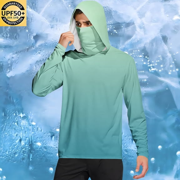 Qgtaibl Mens Sun Protection Hoodie L Shirt UPF 50 Rash Guards Long Sleeve UV Outdoor Fishing Running Athletic Shirts with Face Mask (Green)
