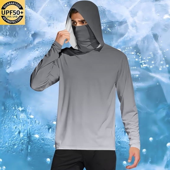 Qgtaibl Mens Sun Protection Hoodie M Shirt UPF 50  Rash Guards Long Sleeve UV Outdoor Fishing Running Athletic Shirts with Face Mask (Dark Gray)