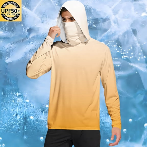 Qgtaibl Mens Sun Protection Hoodie M Shirt UPF 50  Rash Guards Long Sleeve UV Outdoor Fishing Running Athletic Shirts with Face Mask (Yellow)