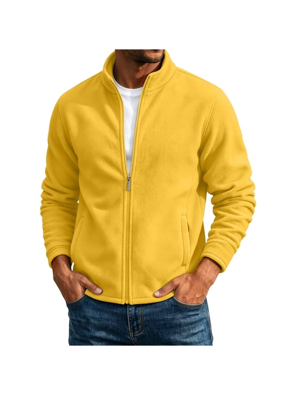 Mens Thin Fleece Coat Stand Collar Soft Warm Fall Jacket Solid Color Long Sleeve Lounge Outwear with Pockets for Daily Wear Yellow XS