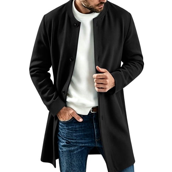 Qgtaibl Mens Thin Fleece Jacket Crew Neck Mid Length Solid Color Outwear Button Down Long Sleeve Casual Overcoat with Pockets Black XXL