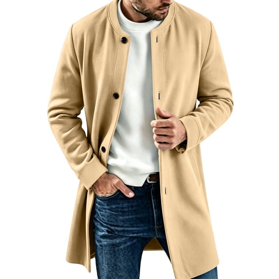 Qgtaibl Mens Thin Fleece Jacket Crew Neck Mid Length Solid Color Outwear Button Down Long Sleeve Casual Overcoat with Pockets Khaki XXXL