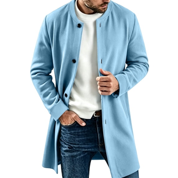 Qgtaibl Mens Thin Fleece Jacket Crew Neck Mid Length Solid Color Outwear Button Down Long Sleeve Casual Overcoat with Pockets Light Blue M