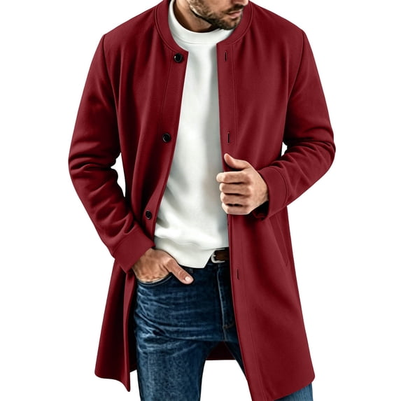 Qgtaibl Mens Thin Fleece Jacket Crew Neck Mid Length Solid Color Outwear Button Down Long Sleeve Casual Overcoat with Pockets Wine XXL