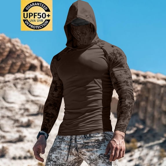 Qgtaibl Mens UPF 50+ Sun Hoodies Long Sleeve Moisture Wicking Athletic Shirts M Face Mask UV Protection Fishing Shirt Outdoor Workout Tee (Brown)