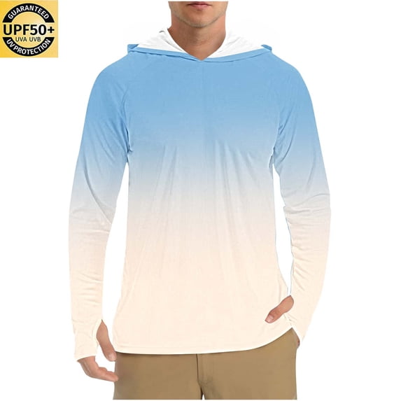 Qgtaibl Mens UPF 50+ Sun Protection Hoodie S Long Sleeve SPF Fishing Shirts Lightweight Outdoor UV Hiking T-Shirt Summer Beach Tee Tops (Light Blue)