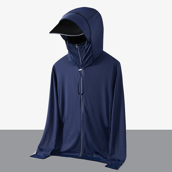 Qgtaibl Mens UPF 50  Sun Protection Jacket Lightweight Full Zip Long Sleeve M Hooded Tops Cooling Hiking Fishing Performance Shirts with Pocket (Dark Blue)