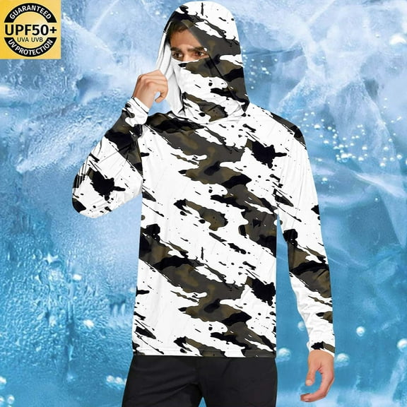 Qgtaibl Mens UV Face Mask Hoodies M Quick Dry Long Sleeve Sun Protection Hooded Shirts UPF 50  Rash Guard Pullover Tops Outdoor Hiking Fishing T-Shirt (White)