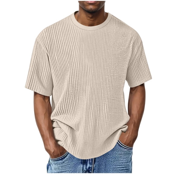 Qgtaibl Mens Waffle T Shirt Casual Crewneck Tees Solid Color Short Sleeve Tops Summer Breathable Everyday Shirts Beige,S
