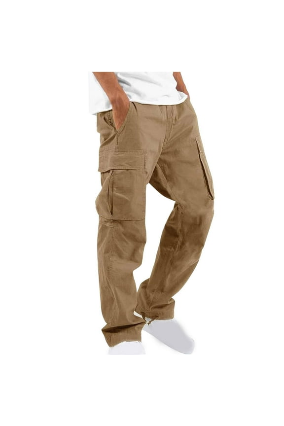 Mens Winter Cargo Pants Fleece Lined Straight Leg Pants Drawstring Elastic Waist Jogger Athletic Trousers with Pockets Khaki (Men's S)