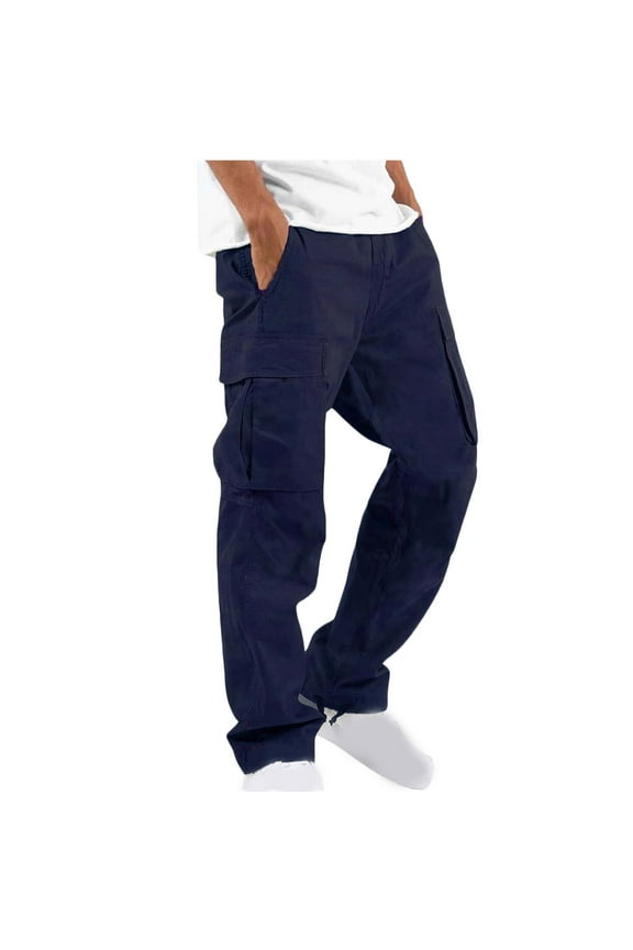 Mens Winter Cargo Pants Fleece Lined Straight Leg Pants Drawstring Elastic Waist Jogger Athletic Trousers with Pockets Navy (Men's S)