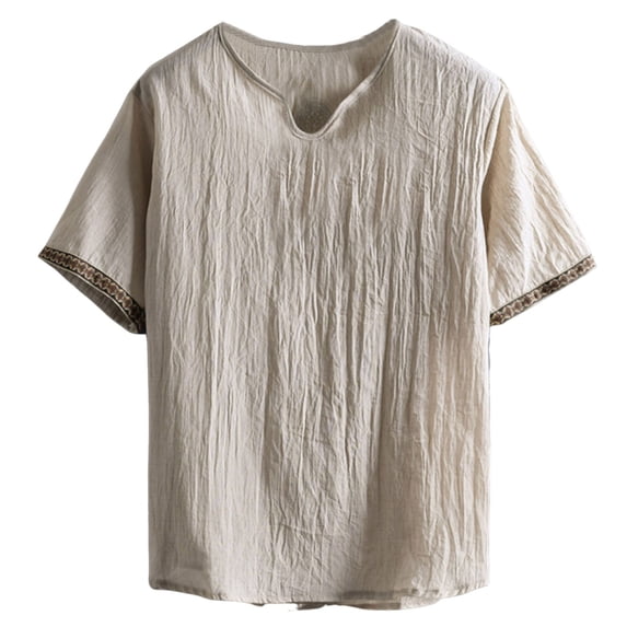 Qgtaibl Notch V Neck T Shirts for Men Cotton Linen Short Sleeve Casual Tops Summer Comfy Beach Travel Tees Khaki,XXXXXL