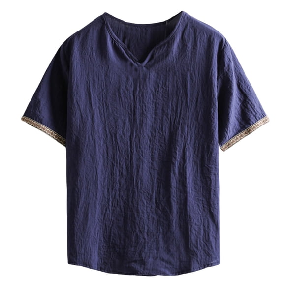 Qgtaibl Notch V Neck T Shirts for Men Cotton Linen Short Sleeve Casual Tops Summer Comfy Beach Travel Tees Navy,XXXXXL