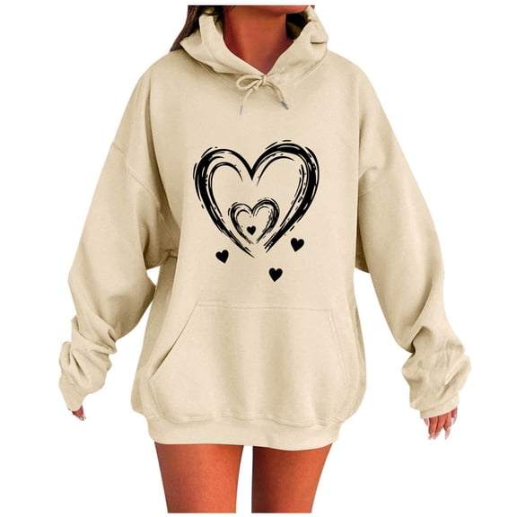 Qgtaibl Oversized Drawstring Hooded Sweatshirts for Women Heart Print Kangaroo Pocket Long Sleeve Hoodie Tops Fall Winter Daily Streetwear Fleece Pullovers Beige M
