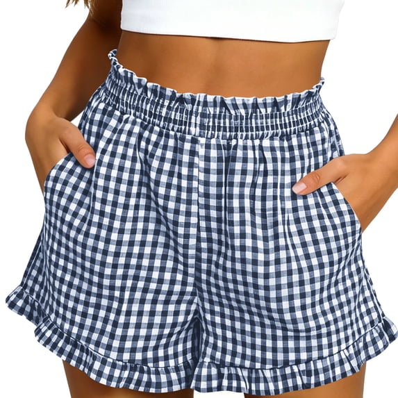 Qgtaibl Pajama Shorts for Women Cute Ruffle Hem Gingham Shorts Elastic High Waist Loose Fit Soft Lounge Shorts Summer Beach Bottom Blue XL