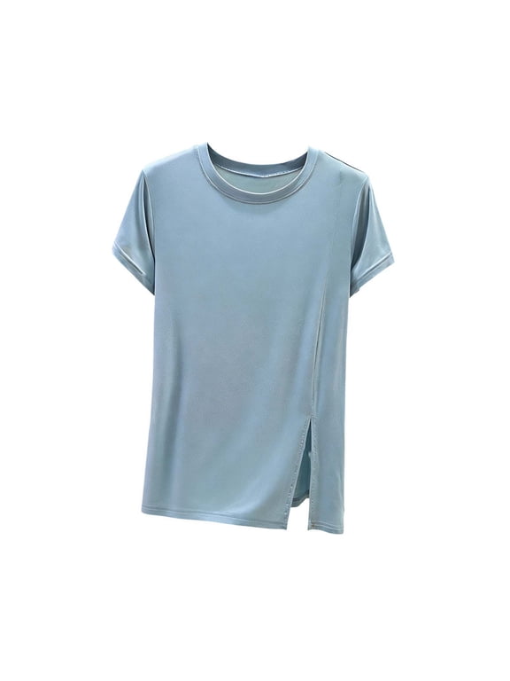 Plus Size Athletic Shirts for Women Casual Modal Short Sleeve Side Split Tops Summer Breathable Stretch Running Gym T-Shirts Light Blue XXXXL