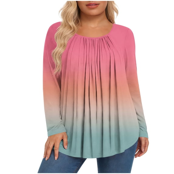 Qgtaibl Plus Size Long Sleeve Tunic Tops for Women Fashion Gradient Color Pleated Flowy Blouses Curved Hem Loose Fit Hide Belly Shirts Hot Pink L