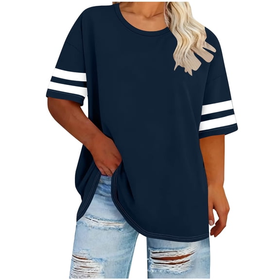 Qgtaibl Plus Size T Shirts for Women Striped Short Sleeve Crew Neck Casual Tees Summer Loose Fit Comfy Tunic Tops Navy XL