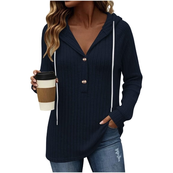 Qgtaibl Ribbed Knit Hooded Tops for Women Drawstring Hood Button V Neck Long Sleeve Tunics Fall Soft Stretchy Lounge Pullover Shirts Dark Blue M