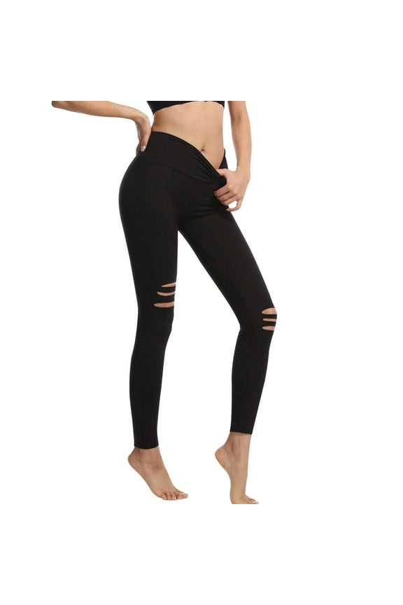 Ripped Leggings for Women High Waist Yoga Pants Tummy Control Workout Running Tights ( 002 Black,L )