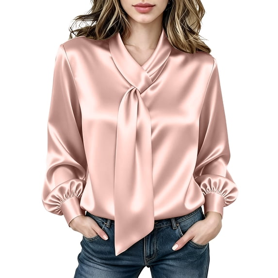 Qgtaibl Satin Tie Neck Blouses for Women Elegant Puff Long Sleeve Solid Color Dressy Shirts Loose Fit Comfy Office Work Casual Tops Pink XL