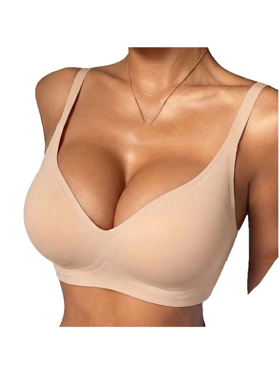 Seamless Wireless Bralette for Women Deep V Plunge One Piece Smooth Invisible Lounge Bras Wide Adjustable Straps Soft Stretchy Everyday Comfort Bra Beige M