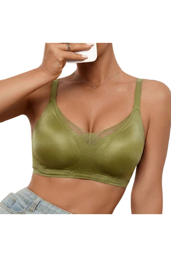 Seamless Wireless Comfort Bra for Women Glossy Silky Fabric Transparent Mesh V Panel Bralette Soft Light Support Invisible Ladies Lingerie Green L