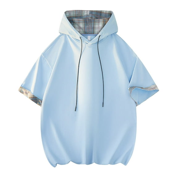 Qgtaibl Short Sleeve Hoodies for Men Stylish Basketball Athletic T-Shirts Summer Hooded Sweatshirt Casual Loose Fit Shirt Tops Light Blue,XXXXL