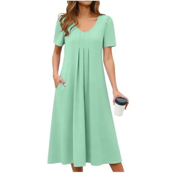 Qgtaibl Summer Casual Dress for Womens V Neck Pleated Midi Dresses with Pockets Solid Color Short Sleeve Sundress Green XXL