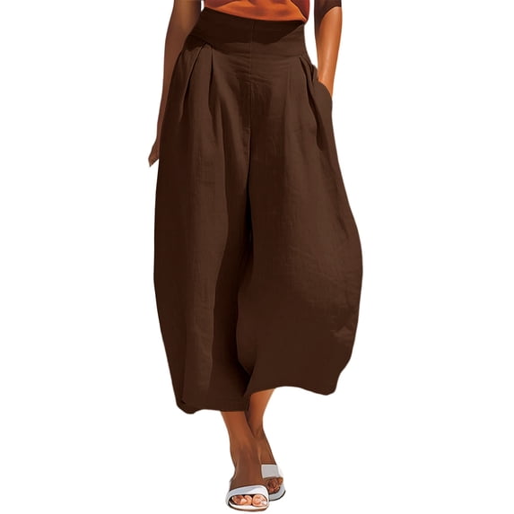Qgtaibl Summer Wide Leg Capri Pants Cotton Baggy Breathable Palazzo Cropped Pants Casual High Waist Pleated Flowy Vacation Capris Brown M