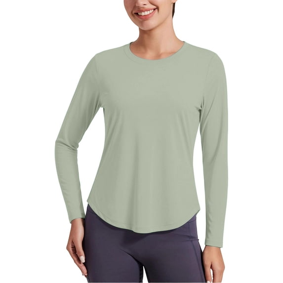 Qgtaibl UPF 50+ Sun Protection Long Sleeve Shirts for Women Crew Neck Curved Hem Rash Guard Quick Dry Lightweight Outdoor Workout Blouses for Hiking Running Beach Mint Green M