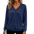 thumbnail image 1 of Qgtaibl V Neck Pullover Tops for Women Raglan Long Sleeve Solid Color Lounge Blouse Fall Loose Fit Stretchy Sweatshirts Navy XXL, 1 of 9