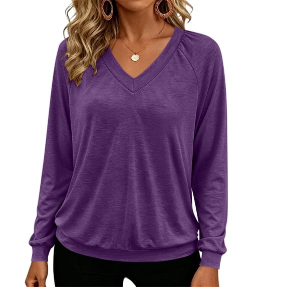 Qgtaibl V Neck Pullover Tops for Women Raglan Long Sleeve Solid Color Lounge Blouse Fall Loose Fit Stretchy Sweatshirts Purple M