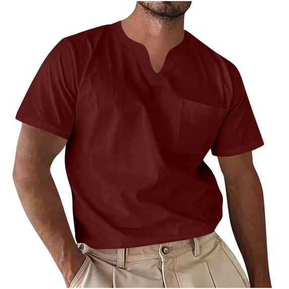 Qgtaibl V-Neck Shirt for Men Short Sleeve Work Tee Solid Color Basic Pullover Lightweight Summer Pocket T-Shirts Wine,S
