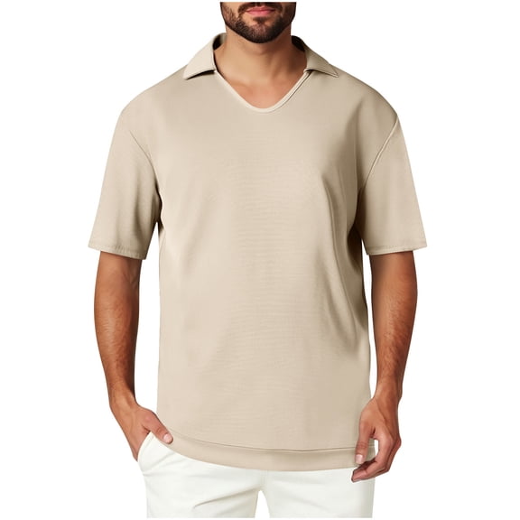 Qgtaibl V Neck Tshirt for Men Collared Short Sleeve Shirt Summer Solid Color Tee Casual Comfy Everyday Pullover Tops Beige,M