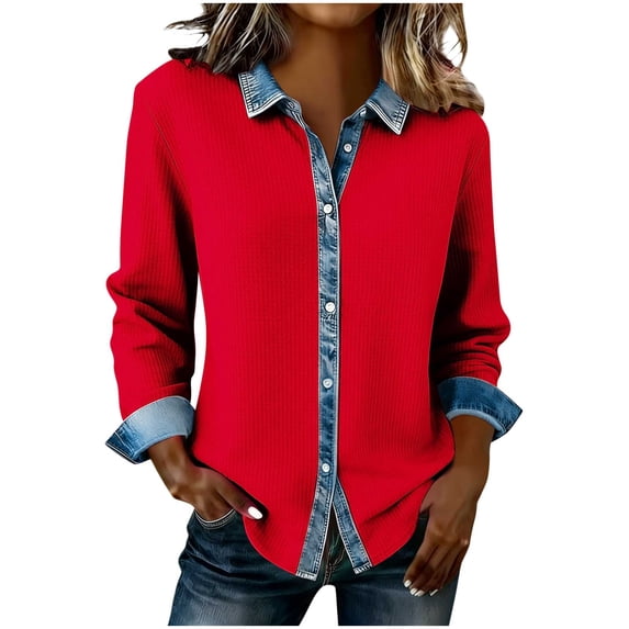 Qgtaibl Waffle Knit Button Down Shirts for Women Lapel Long Sleeve Denim Patchwork Tops Casual Loose Fit Eveyday Fall Blouses Red L