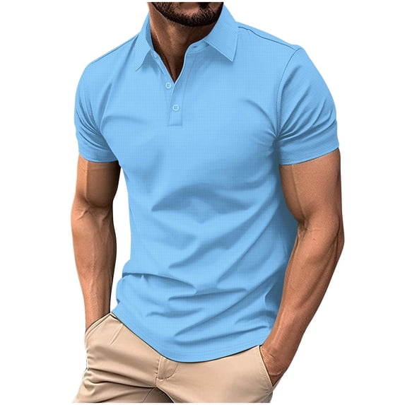 Qgtaibl Waffle Mens Golf Shirts Solid Short Sleeve Button Down Pullover Shirt Summer Work Basic Tshirts Sky Blue,XXL